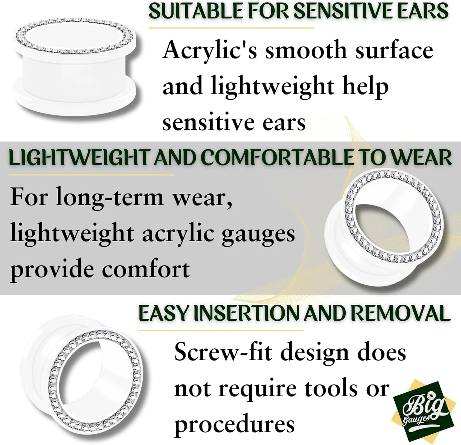 Pair of White Acrylic Screw flesh Tunnels Clear Crystal Piercing Jewelry Studded rim Stretcher Ear Plugs Earring Lobe