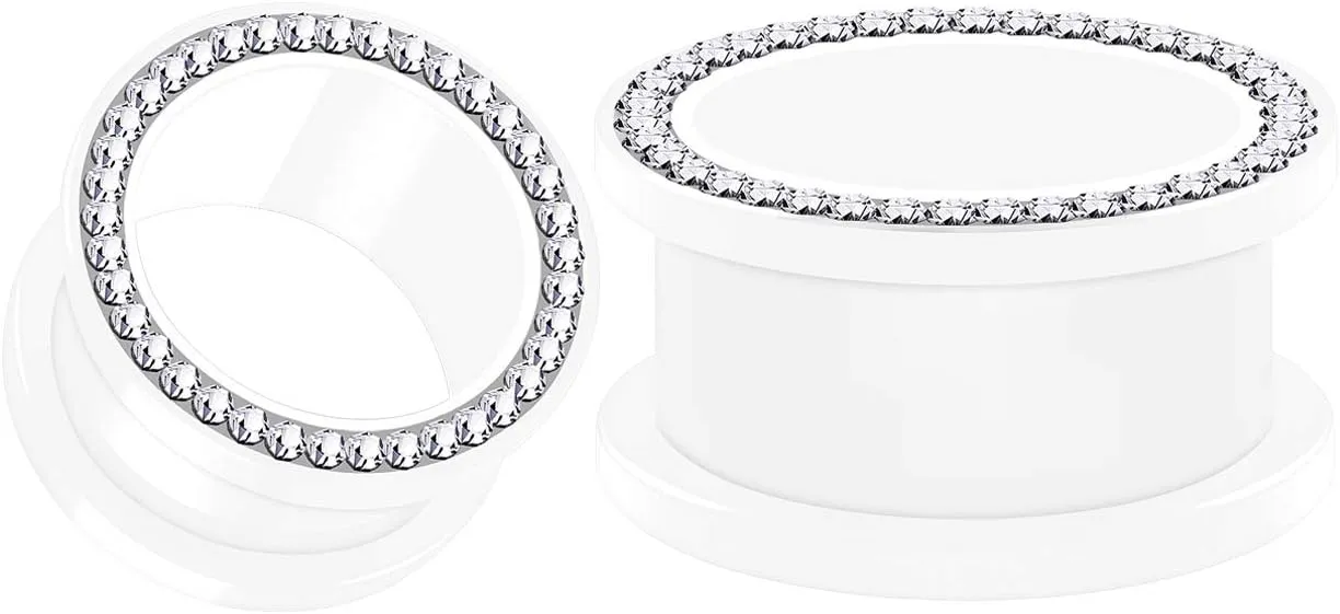 Pair of White Acrylic Screw flesh Tunnels Clear Crystal Piercing Jewelry Studded rim Stretcher Ear Plugs Earring Lobe