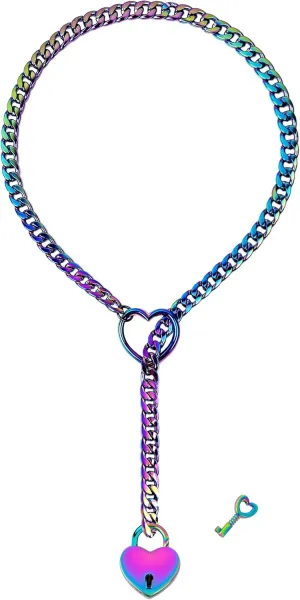 paloli Womens Slip Chain Necklace Heart O-Ring, Punk Rock Cuban Long Necklace Jewelry For Women, Adjustable Lariat Y-Necklace Heart Locker With Key