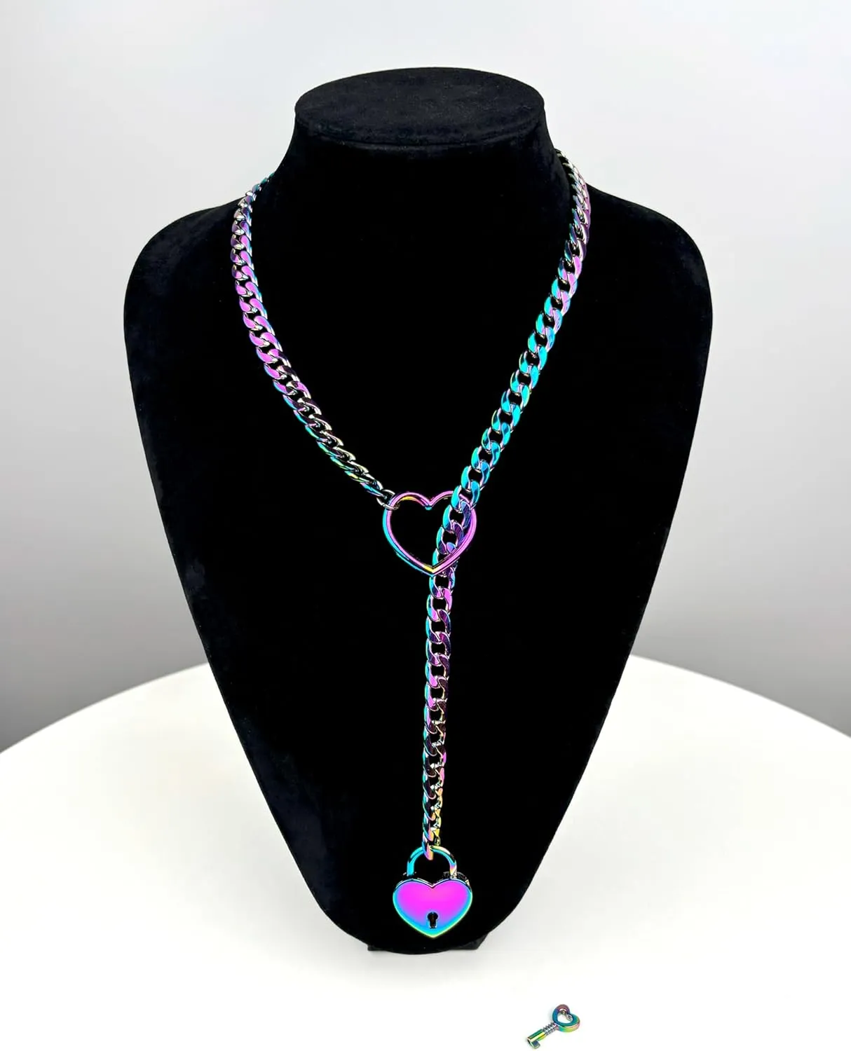 paloli Womens Slip Chain Necklace Heart O-Ring, Punk Rock Cuban Long Necklace Jewelry For Women, Adjustable Lariat Y-Necklace Heart Locker With Key