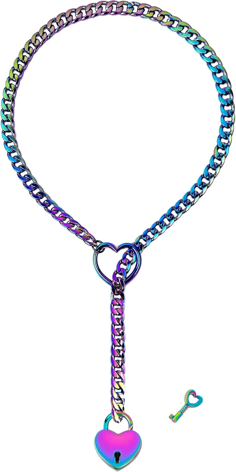 paloli Womens Slip Chain Necklace Heart O-Ring, Punk Rock Cuban Long Necklace Jewelry For Women, Adjustable Lariat Y-Necklace Heart Locker With Key