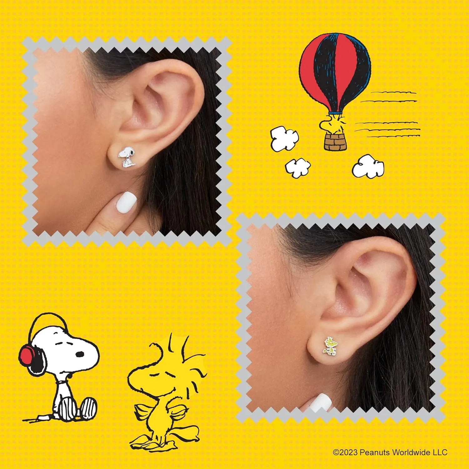 Peanuts Womens Woodstock and Snoopy Earrings - Silver Plate and Enamel Snoopy Stud Earrings - Officially Licensed