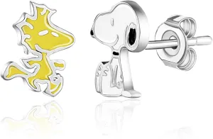 Peanuts Womens Woodstock and Snoopy Earrings - Silver Plate and Enamel Snoopy Stud Earrings - Officially Licensed