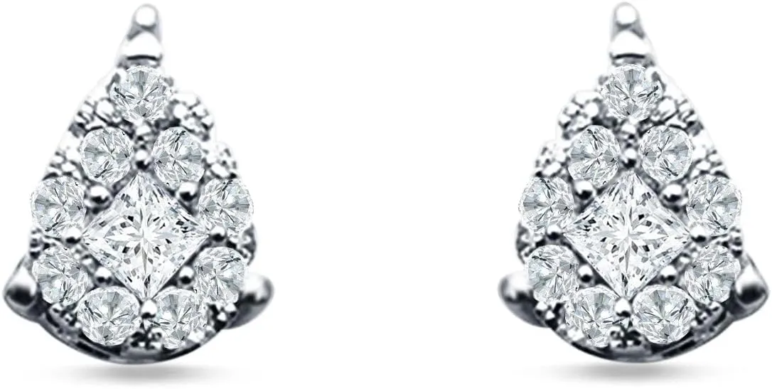 Pear Teardrop Design 7.2mm Round & Princess Cut Cubic Zirconia Stud Earring Fashion Vintage Style Push Back Earring Solid 925 Sterling Silver Birthday Gift For Women