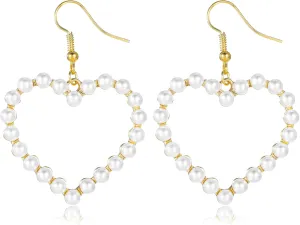 Pearl Heart Earrings White Plated Heart Hoop Earrings Drop Dangle Statement Earring Long Chain Tassel Jewelry for Women Valentines Christmas Bridal Wedding