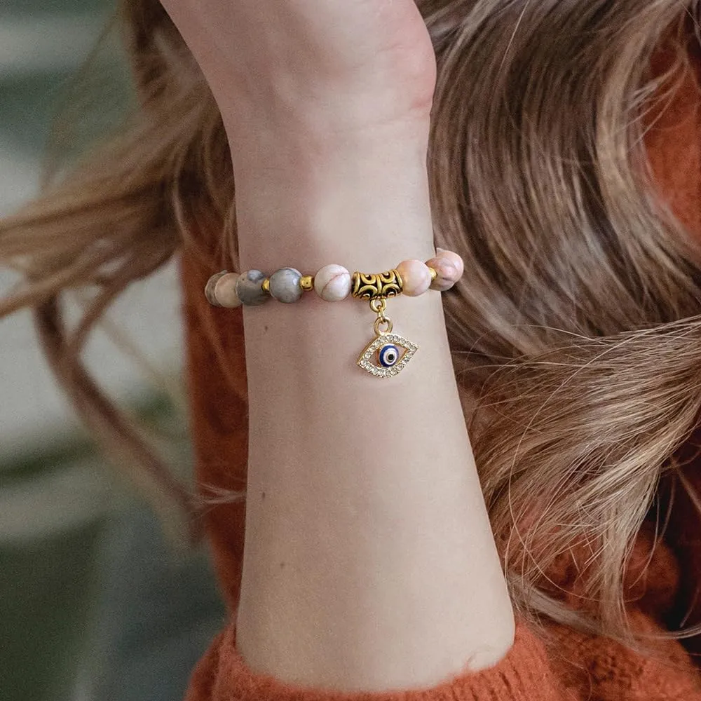 Pingyongchang Pink Evil Eye Bracelets for Women Inspirational Bracelets for Friends Lovers Families Mal De Ojo Protection Bracelet Natural Stone Beads Bracelet