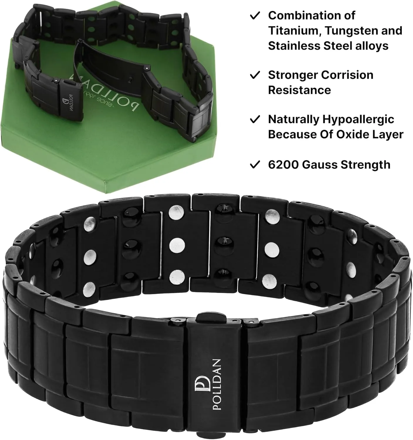 POLLDAN 3X Power Magnetic Bracelets For Men | 6200 Gauss Strength Mens Titanium Bracelet with Fold-Over Clasp, Adjustable Length, Gift Box, Sizing Tool | Innovative Magnets Alloy - Patent