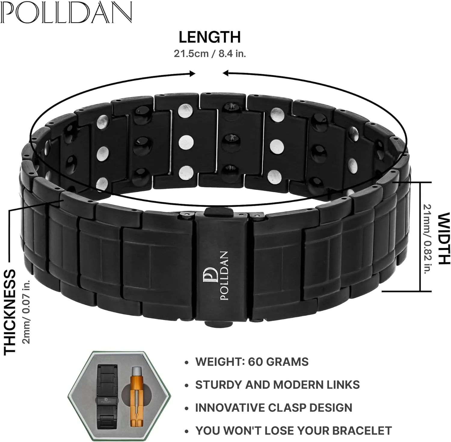 POLLDAN 3X Power Magnetic Bracelets For Men | 6200 Gauss Strength Mens Titanium Bracelet with Fold-Over Clasp, Adjustable Length, Gift Box, Sizing Tool | Innovative Magnets Alloy - Patent