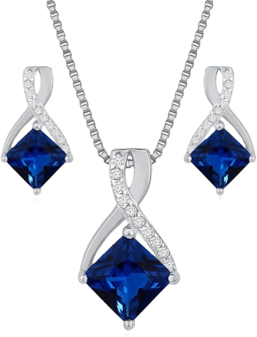 Sapphire Necklace and Earrings Jewelry Set 925 Sterling Silver Infinity Square Pendant Jewelry Gift for Birthdays Anniversary Christmas Valentines