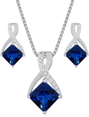 Sapphire Necklace and Earrings Jewelry Set 925 Sterling Silver Infinity Square Pendant Jewelry Gift for Birthdays Anniversary Christmas Valentines