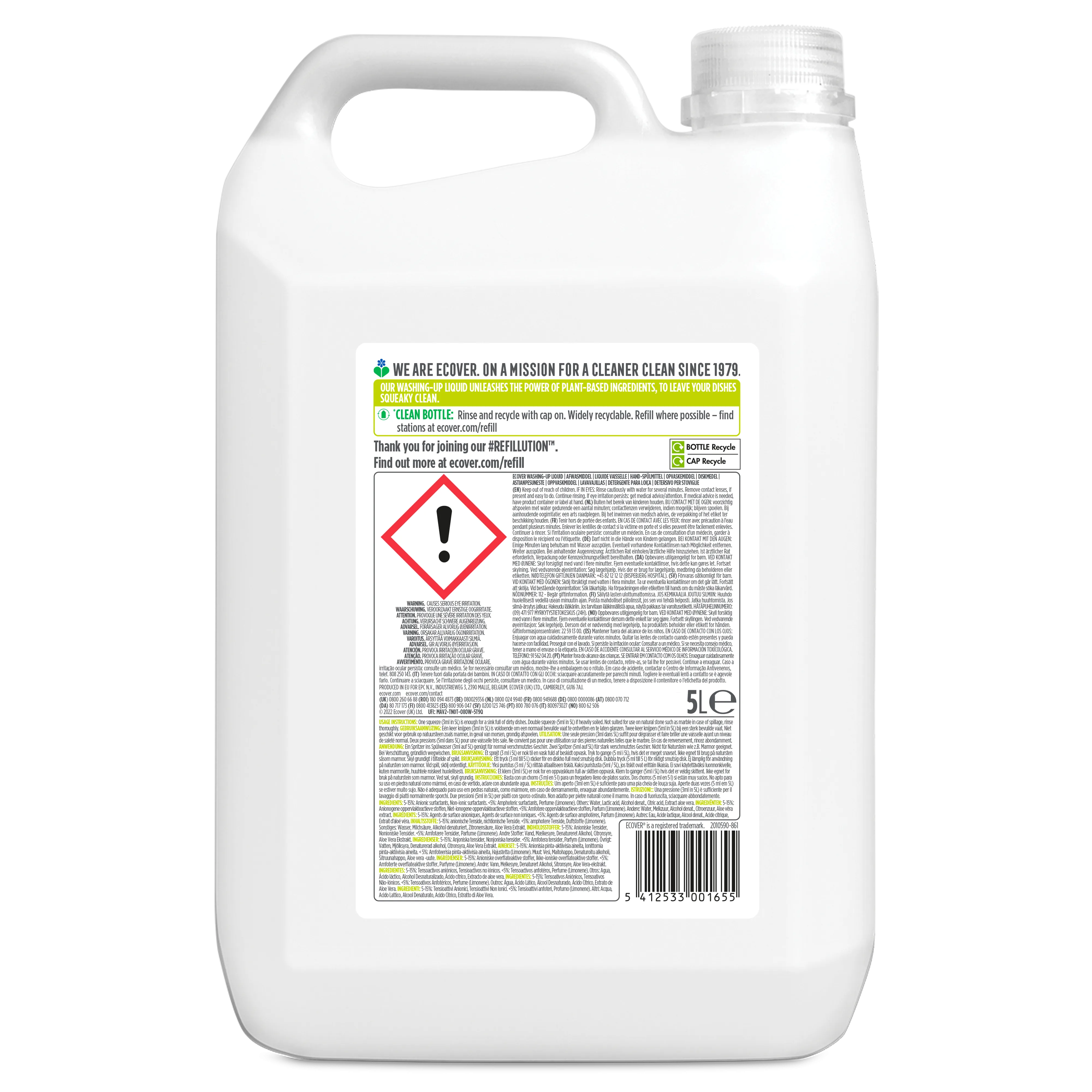 Sensitive Washing Up Liquid Refill 5L- Lemon & Aloe Vera