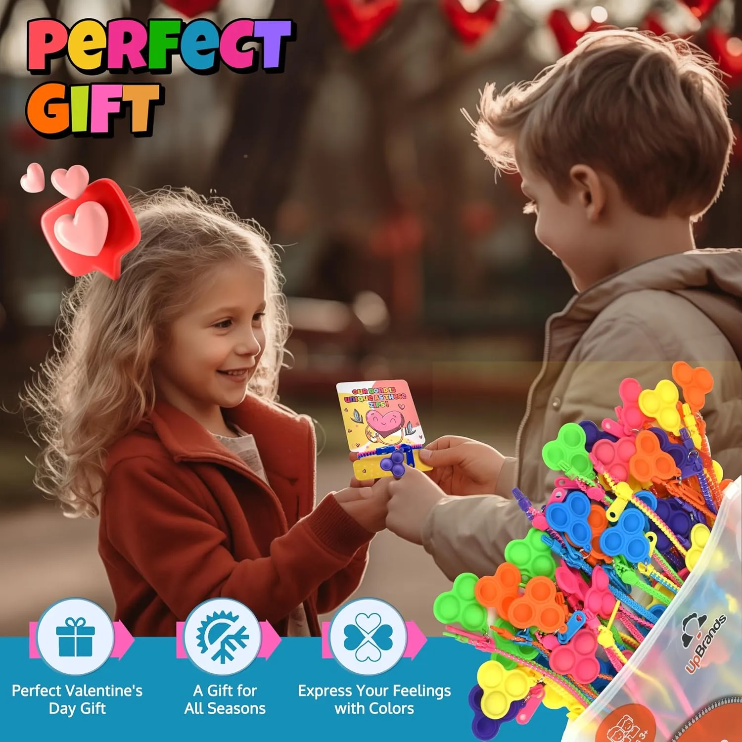 UpBrands 48-Pack Pop-It Zipper Bracelets with Valentine's Day Cards - Perfect Sensory Gifts for Classroom Exchanges and Kids Joyful Moments