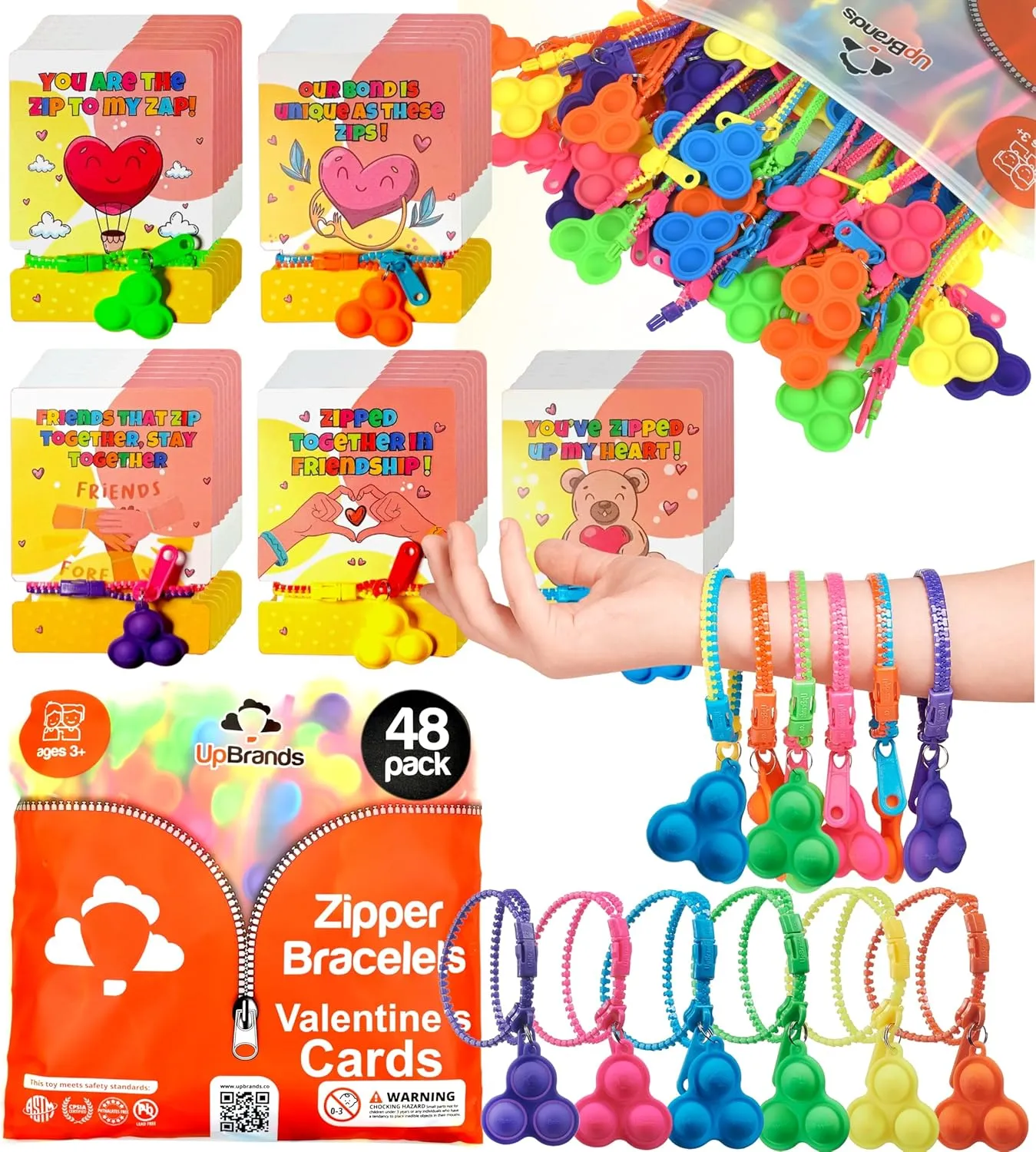 UpBrands 48-Pack Pop-It Zipper Bracelets with Valentine's Day Cards - Perfect Sensory Gifts for Classroom Exchanges and Kids Joyful Moments