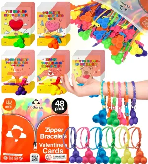 UpBrands 48-Pack Pop-It Zipper Bracelets with Valentine's Day Cards - Perfect Sensory Gifts for Classroom Exchanges and Kids Joyful Moments