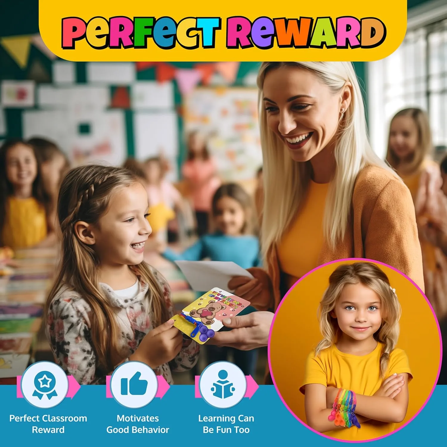 UpBrands 48-Pack Pop-It Zipper Bracelets with Valentine's Day Cards - Perfect Sensory Gifts for Classroom Exchanges and Kids Joyful Moments