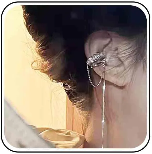 Vintage Crystal Pearl Ear Cuff Earrings Long Chain Tassel Dangle Earrings Silver Rhinestone Pearl Earrings Round Snake Chain Drop Earrings Jewelry for Women (Left)