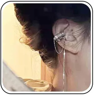 Vintage Crystal Pearl Ear Cuff Earrings Long Chain Tassel Dangle Earrings Silver Rhinestone Pearl Earrings Round Snake Chain Drop Earrings Jewelry for Women (Left)