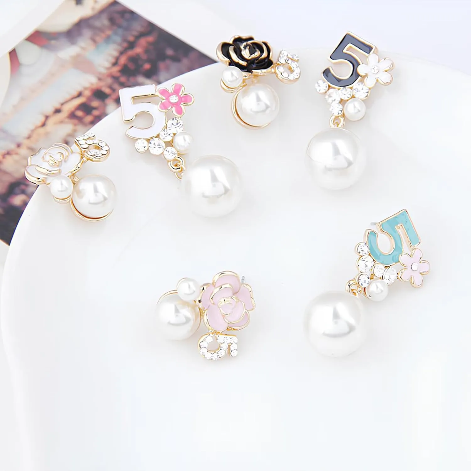 Vintage Jewelry Number 5 Earrings Camellia Studs Asymmetric Pearl Earrings Jewelry for Women-White/Black/Pink