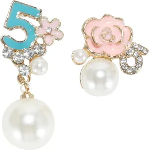 Vintage Jewelry Number 5 Earrings Camellia Studs Asymmetric Pearl Earrings Jewelry for Women-White/Black/Pink