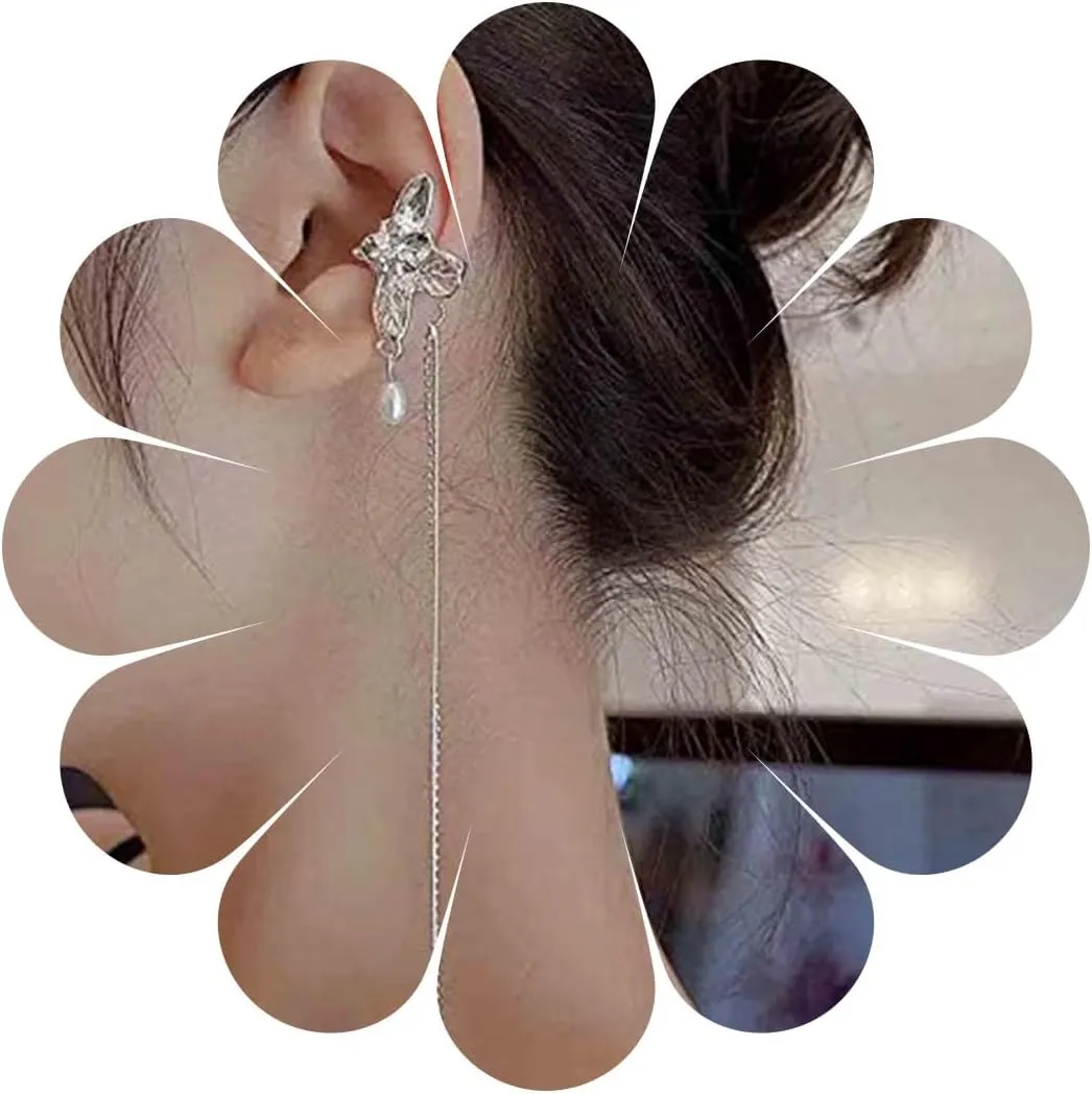 Vintage Leaf Ear Cuff Earrings Silver Long Chain Tassel Dangle Earrings Pearl Leaf Fake Wrap Helix Earrings Tiny Pearl Drop Earrings Jewelry for Women