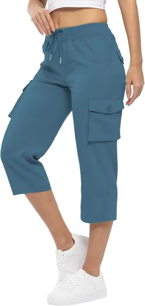 Womens Cargo Capris Pants Summer Casual Drawstring Low Waisted Hiking Jogger Outdoor Athletic 3/4 Trousers Pockets