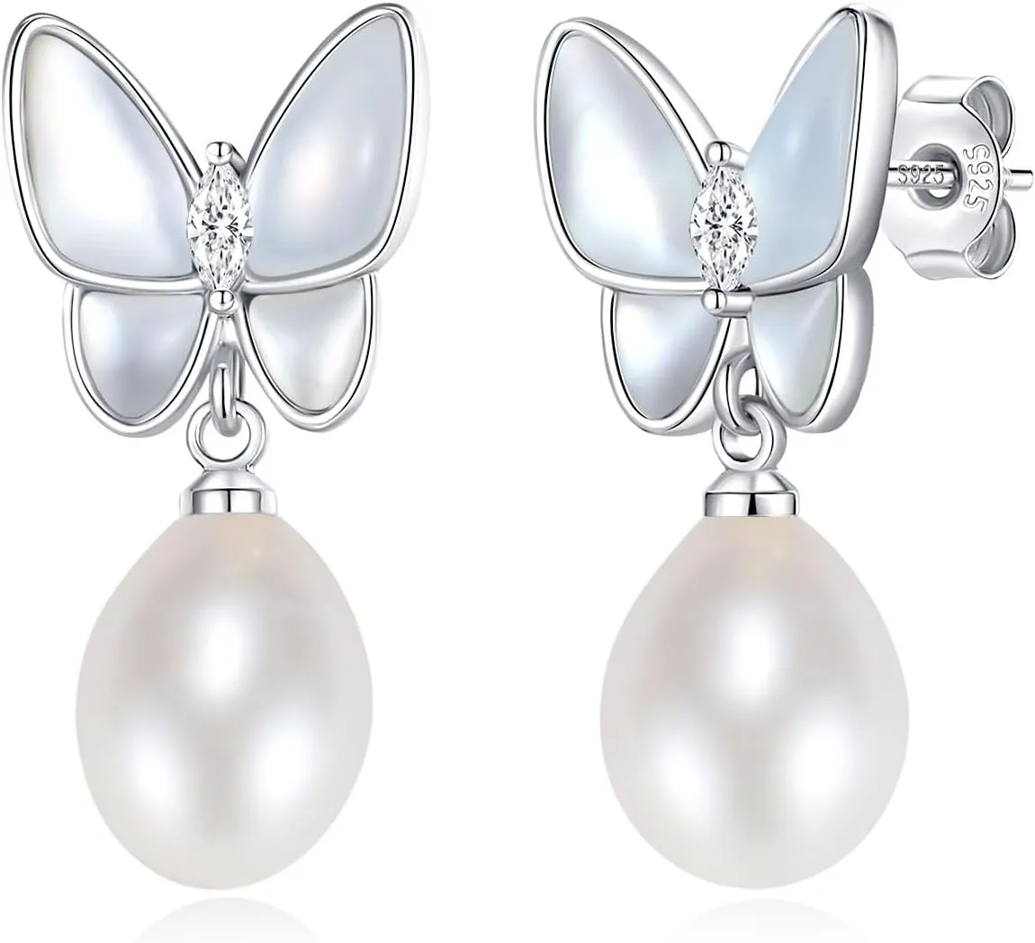YAMI Butterfly Gold Earrings 925 Sterling Silver Hypoallergenic Women's Butterfly Pearl Earrings Freshwater Cultured Pearls Drop Pearl Dangle Earrings Jewelry Gifts for Women