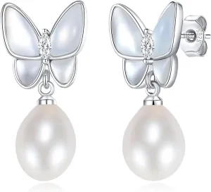 YAMI Butterfly Gold Earrings 925 Sterling Silver Hypoallergenic Women's Butterfly Pearl Earrings Freshwater Cultured Pearls Drop Pearl Dangle Earrings Jewelry Gifts for Women