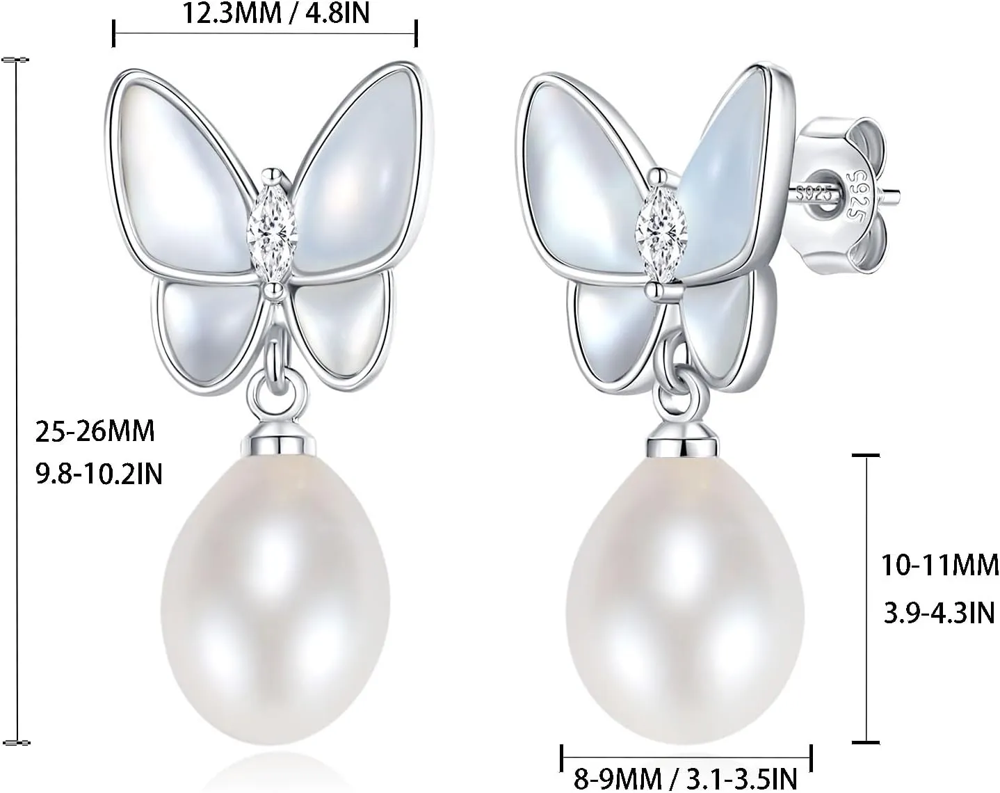 YAMI Butterfly Gold Earrings 925 Sterling Silver Hypoallergenic Women's Butterfly Pearl Earrings Freshwater Cultured Pearls Drop Pearl Dangle Earrings Jewelry Gifts for Women
