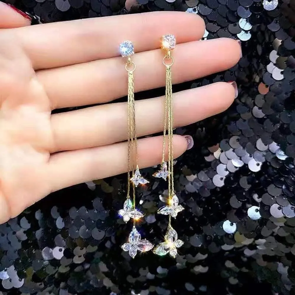 Zircon Butterfly Tassel Earrings for Women Long Colours Crystal Imitation Pearl Dangle Earrings Rhinestone Butterfly Drop Earrings