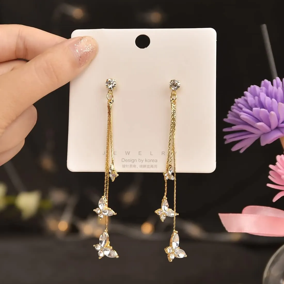 Zircon Butterfly Tassel Earrings for Women Long Colours Crystal Imitation Pearl Dangle Earrings Rhinestone Butterfly Drop Earrings